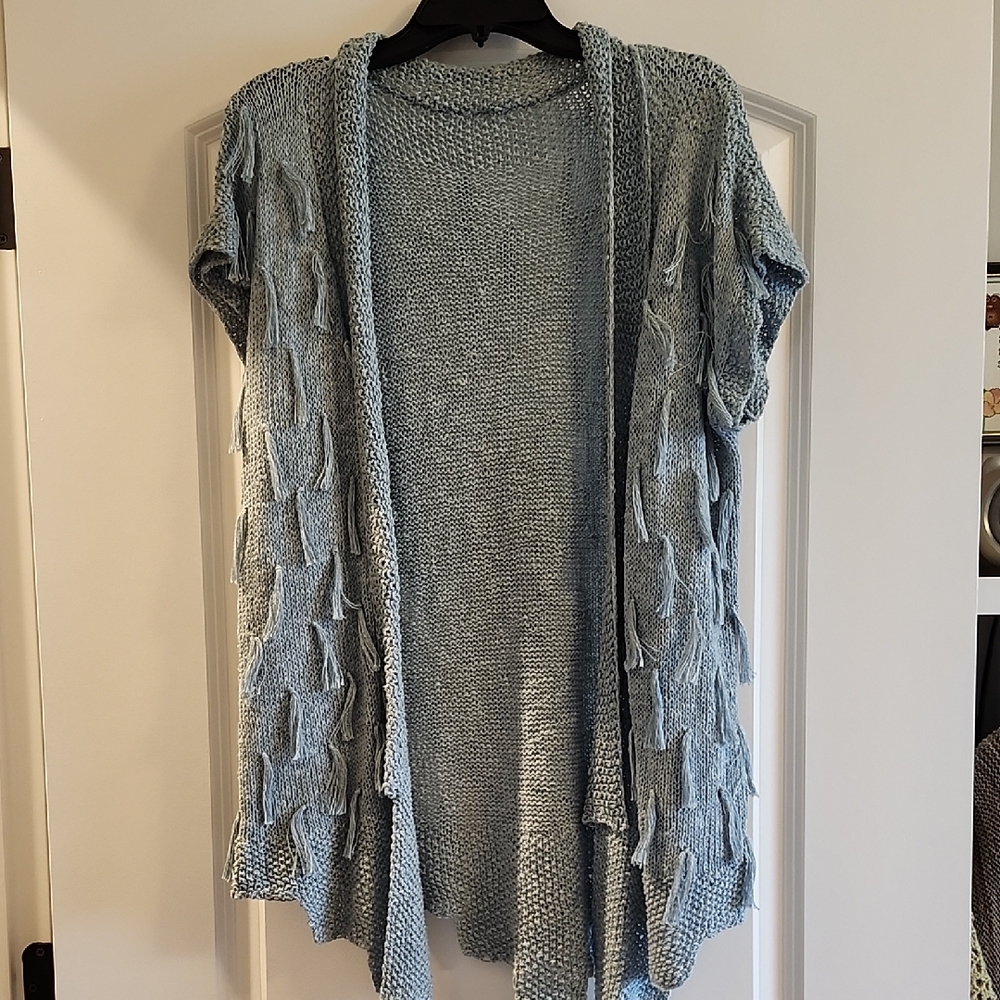 Women's Hand Knit Blue Open-Front Sweater XL